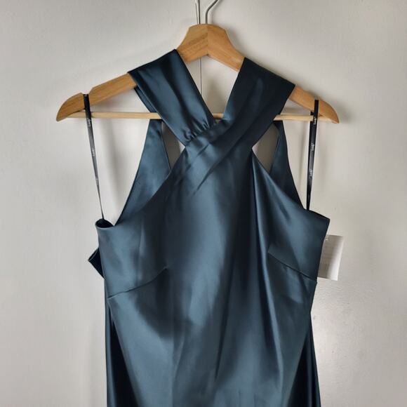 NWT LOVELY Dessy Collection Twist Halter Charmeuse Tie Back Trumpet Maxi Gown L - Picture 7 of 11